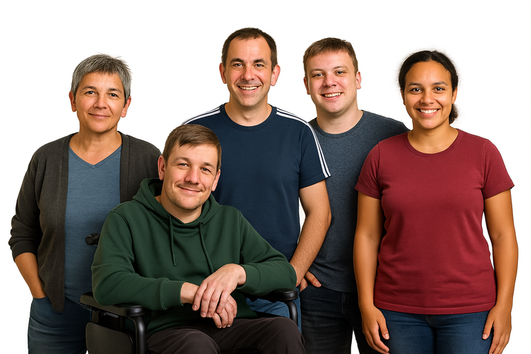 Alle Personas: KI-Gruppenfoto von 5 Personen. Sie stehen beieinander und lächeln. Ein Mann hat ein ein Rollstuhl.